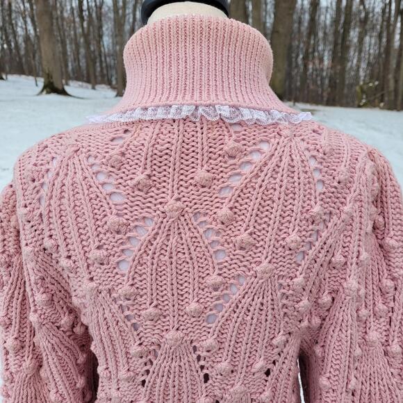Vintage 3D Open Knit Pink Cotton Sweater Metropolis by Catharine Lover sz Large - Picture 4 of 14